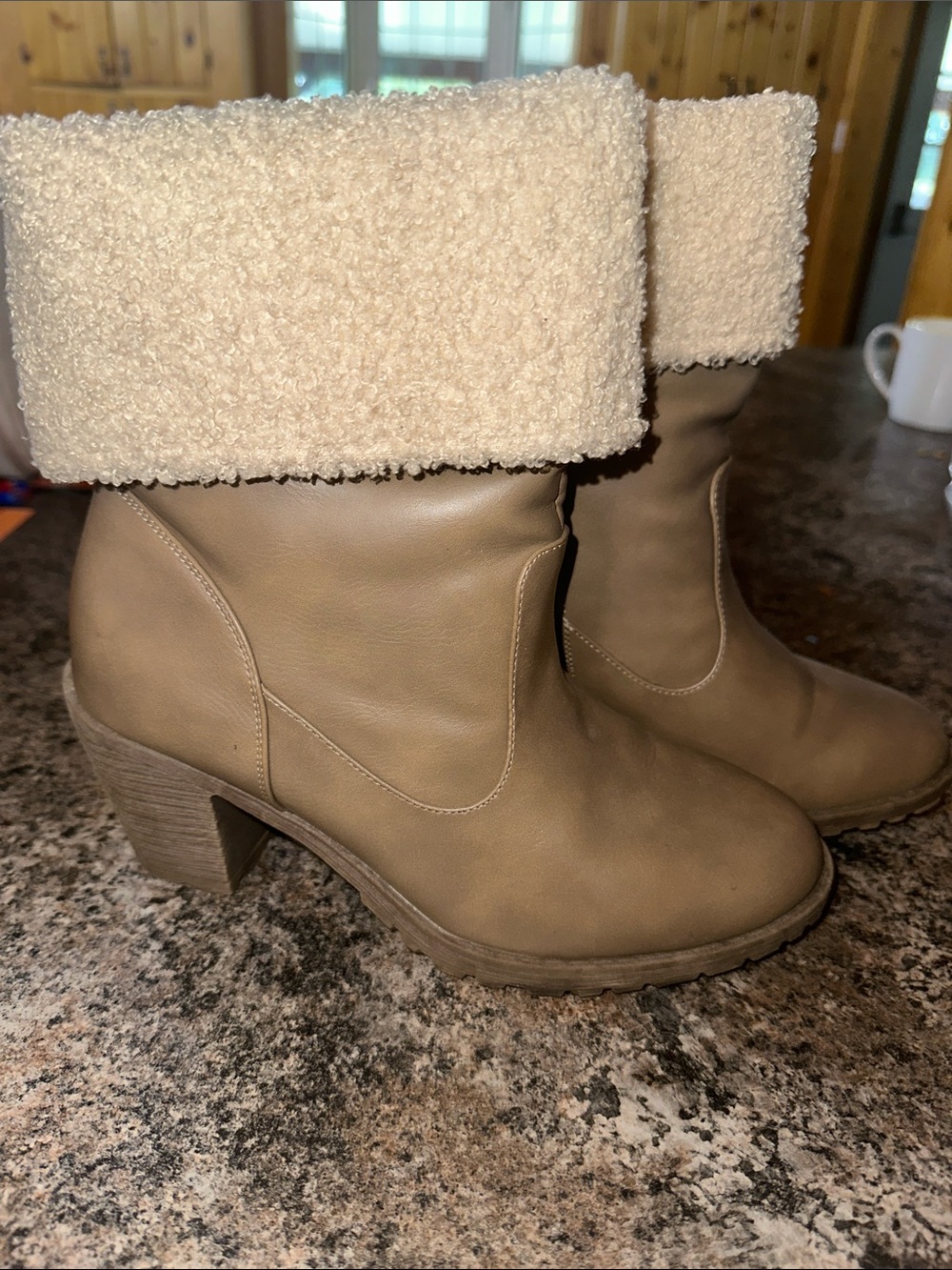 Cozy Fold-Over Heeled Ankle Boots in Taupe